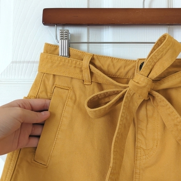 PacSun High Waisted Tie Belted Raw Hem A-Line Denim Mini Skirt Mustard Yellow 26 - Picture 9 of 13